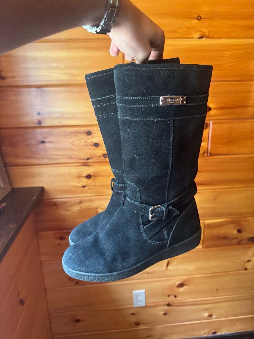 WOMENS BLACK SUEDE SHEARLING LINED TALLULAH BOOTS COACH SIZE 7.5